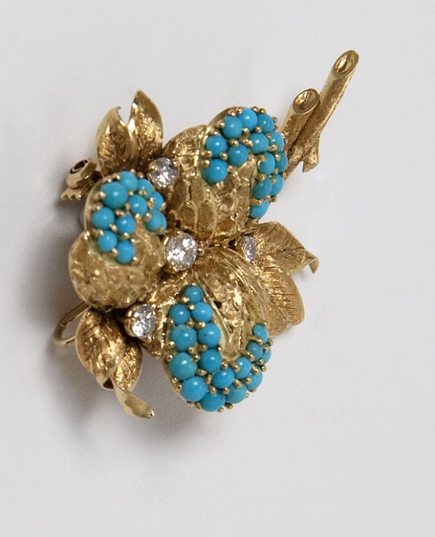 Turquoise and Diamond Brooch For Sale 2
