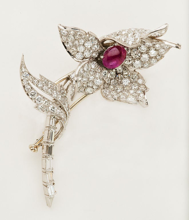 Flower Brooch with Diamonds, Cabochon Ruby set in Platinum