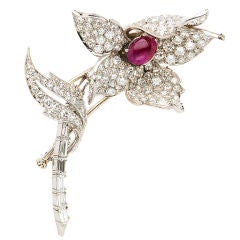 Flower Brooch with Diamonds, Cabochon Ruby set in Platinum