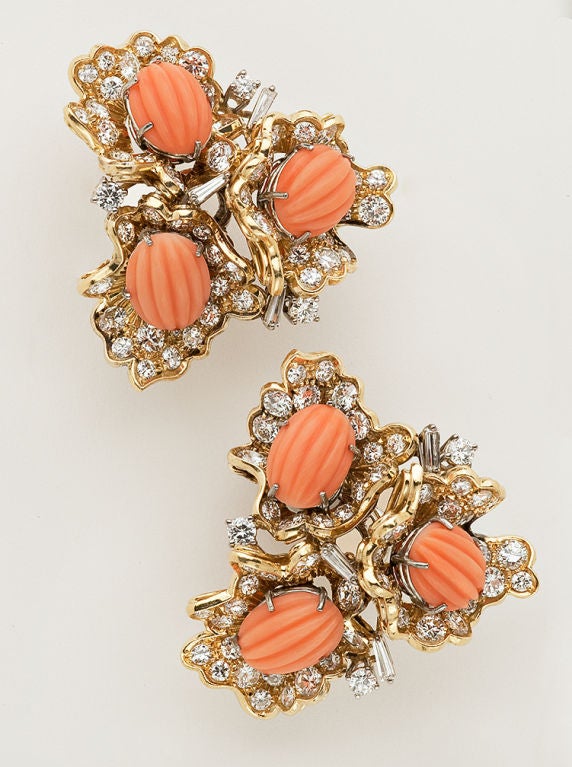Carved Angel Skin Coral and Diamond Earrings