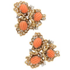 Carved Angel Skin Coral and Diamond Earrings