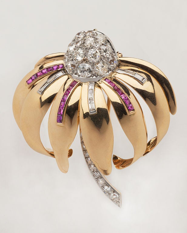 French Retro Diamond and Ruby Brooch