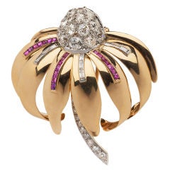 French Retro Diamond and Ruby Brooch