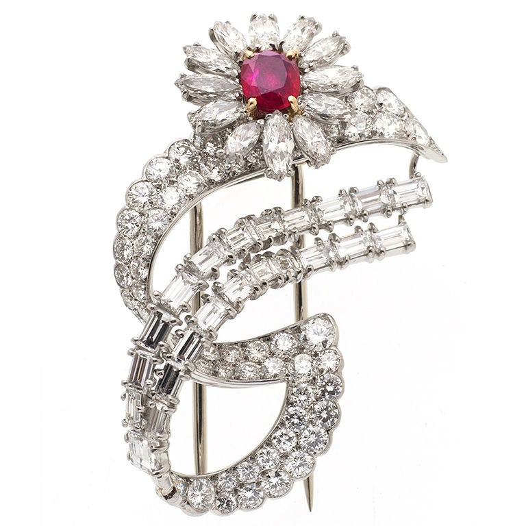 CARTIER PARIS Ruby and Diamond Brooch For Sale