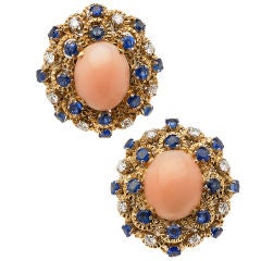 Angel Skin Coral, Diamond and Sapphire Earrings