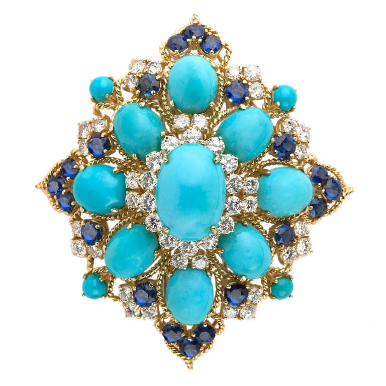 Persian Turquoise, Sapphire and Diamond Brooch