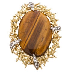 Vintage Tiger Eye and Diamond Gold Pendant