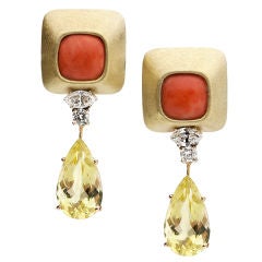 Sardinian Coral, Lemon Citrine and Diamond Earrings