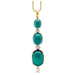 Pendant of Teal Green Cabochon Tourmalines and Diamonds, Gold