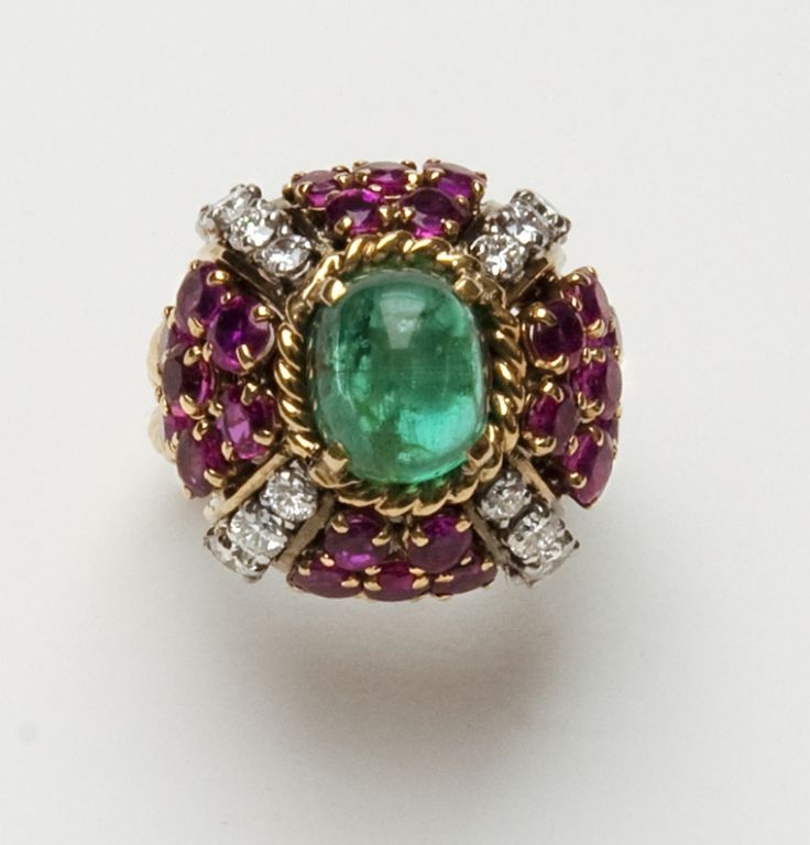 Cabochon Emerald, Ruby and diamond Ring