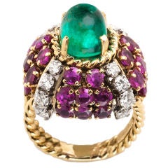 Cabochon Emerald, Ruby and diamond Ring