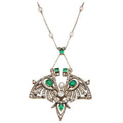 Art Nouveau Diamond, Emerald & Pearl Pendant