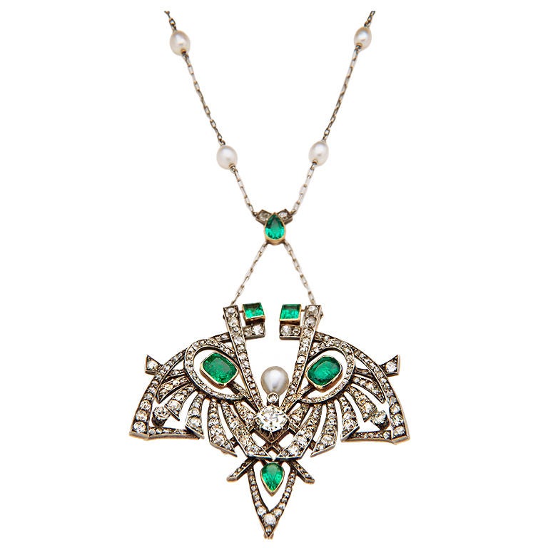 Art Nouveau Diamond, Emerald & Pearl Pendant For Sale