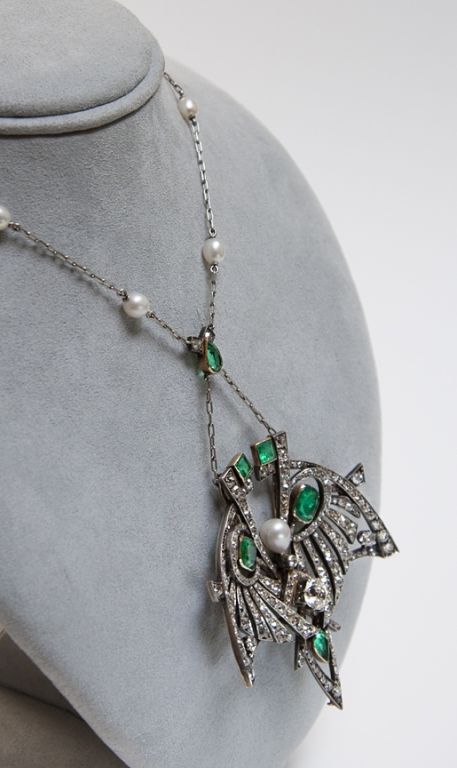 Women's Art Nouveau Diamond, Emerald & Pearl Pendant For Sale