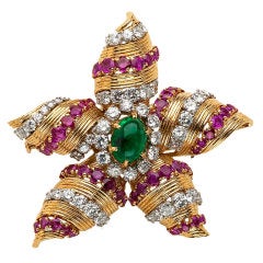 Vintage "Starfish" Brooch featuring  Emerald, Rubies and Diamonds