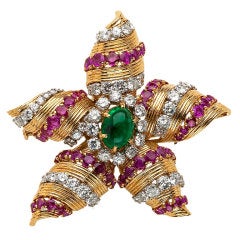 "Starfish" Brooch featuring  Emerald, Rubies and Diamonds
