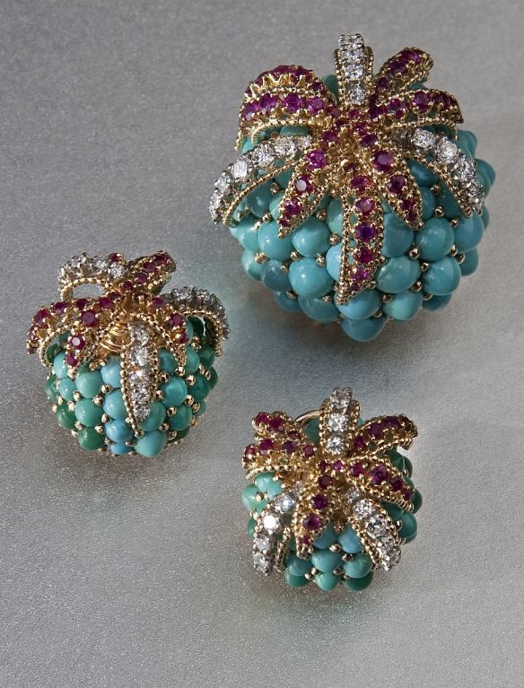Turquoise, Ruby and Diamond  Brooch with Matching Earrings