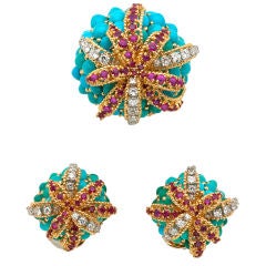 Turquoise, Ruby and Diamond  Brooch with Matching Earrings
