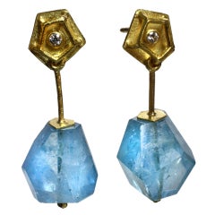 Aquamarine and Diamond Gold Dangle Earrings