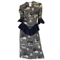 1940s Silk Sea Shore Print Swing Dress