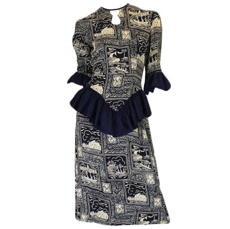 1940s Silk Sea Shore Print Swing Dress at 1stdibs