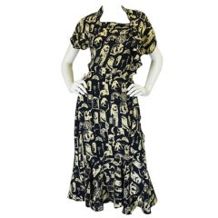 Vintage 1940s Novelty Printed Silk Swing Dress