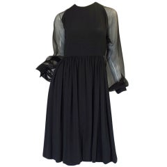 1960s Black Silk & Chiffon Galanos Balloon Sleeve Dress