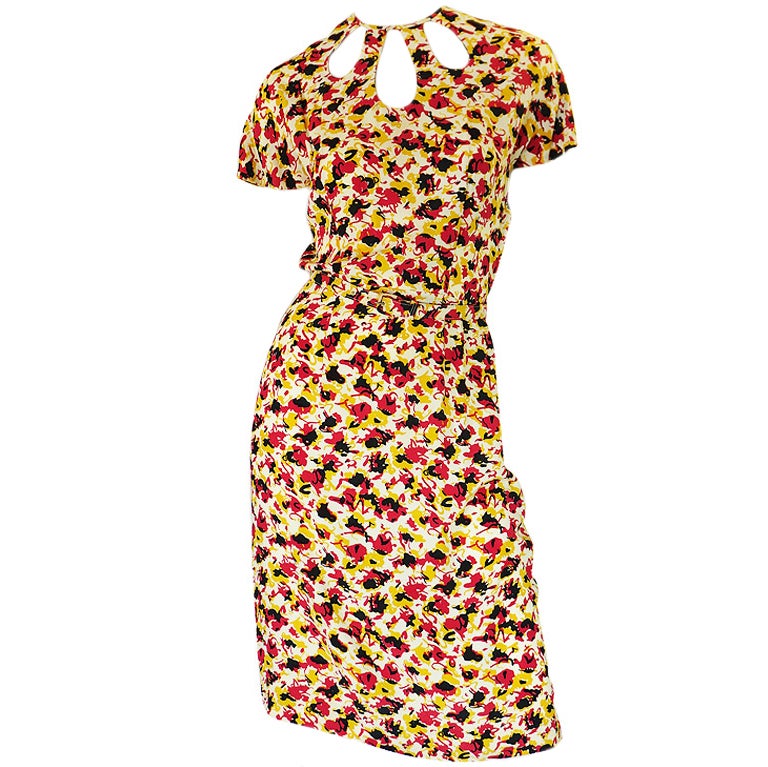 1940s Silk Floral Day Dress with Cutouts For Sale