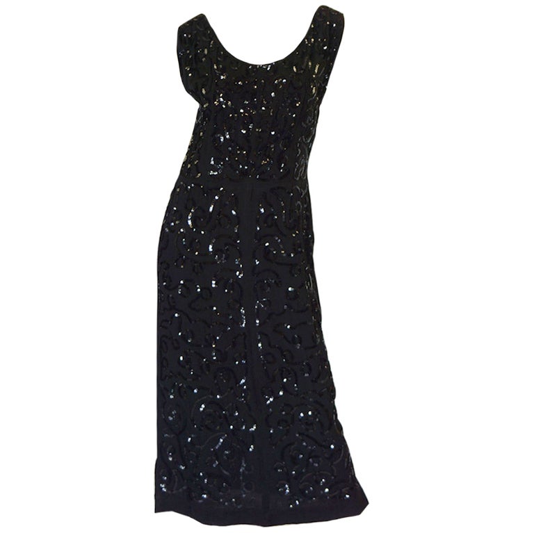 Early 1930s Sequin Silk Crepe Shift Dress For Sale