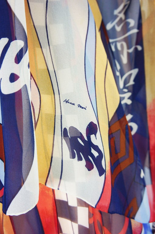 1970s Hanae Mori Silk Chiffon Beautifully Printed Caftan Dress
