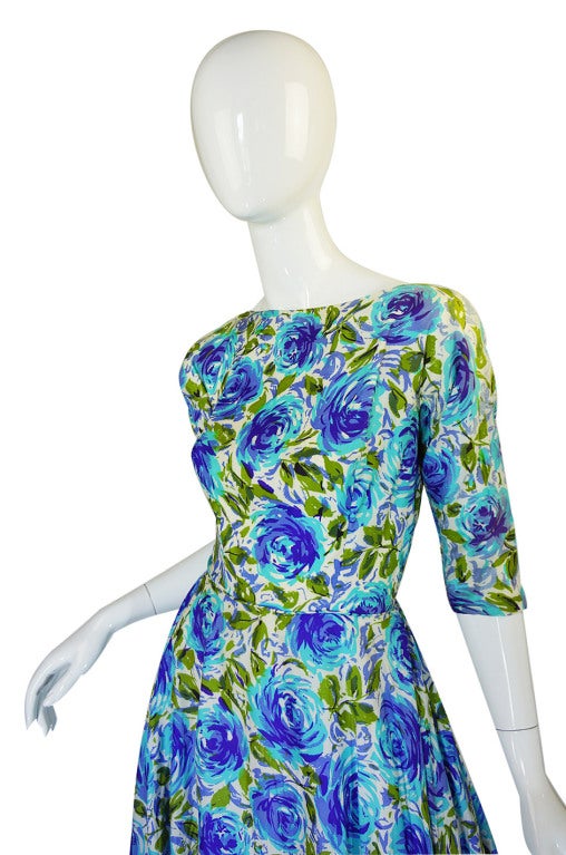 1950s Blue Floral Silk Front Bow Dress 1