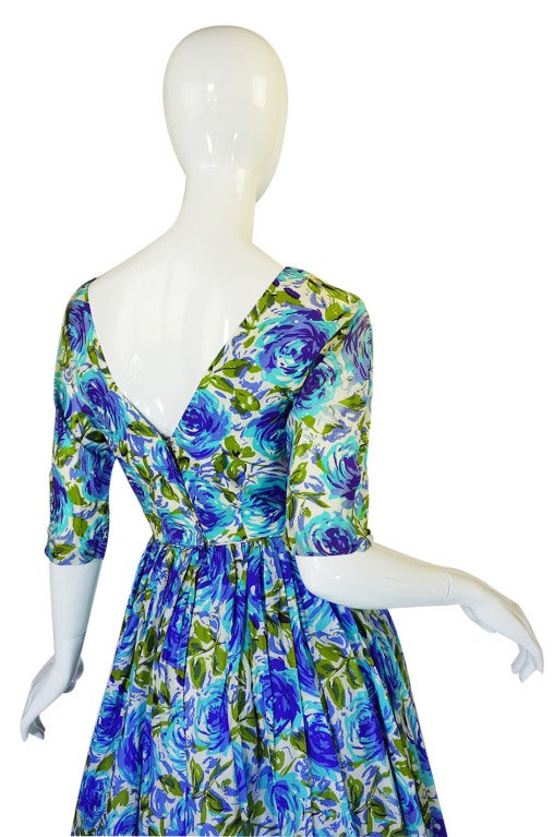 1950s Blue Floral Silk Front Bow Dress 2
