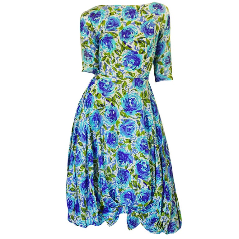 1950s Blue Floral Silk Front Bow Dress