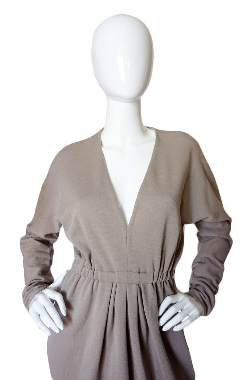 Women's 1970s Taupe Grey Plunge Halston Dress