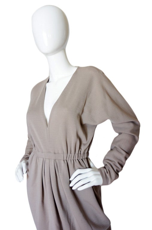 1970s Taupe Grey Plunge Halston Dress 1