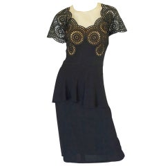 Vintage 1940s Lace Illusion Peplum Crepe Dress