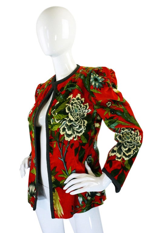 1970s Velvet Bird Print Silk Lined Jacket