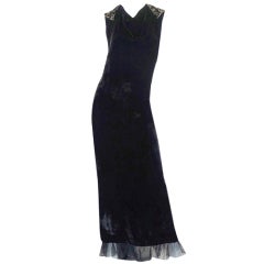 1920s Plunge Back Silk Velvet Bead Gown