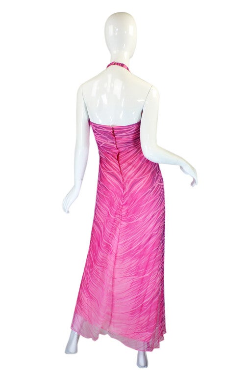 1970s Mongolian Fur Trimmed Cream Silk Travilla Gown