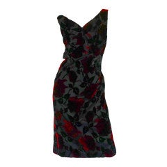 1960s Velvet Rose on Silk Wiggle Dress