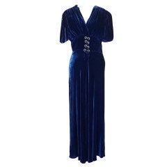 1930s Blue Silk Velvet Rhinestone Gown