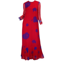 Vintage 1970s Hanae Mori Silk Chiffon Cherry Red & Purple Dress