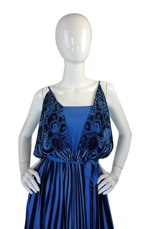 Blue 1970s Roland Klein Silk Chiffon Dress