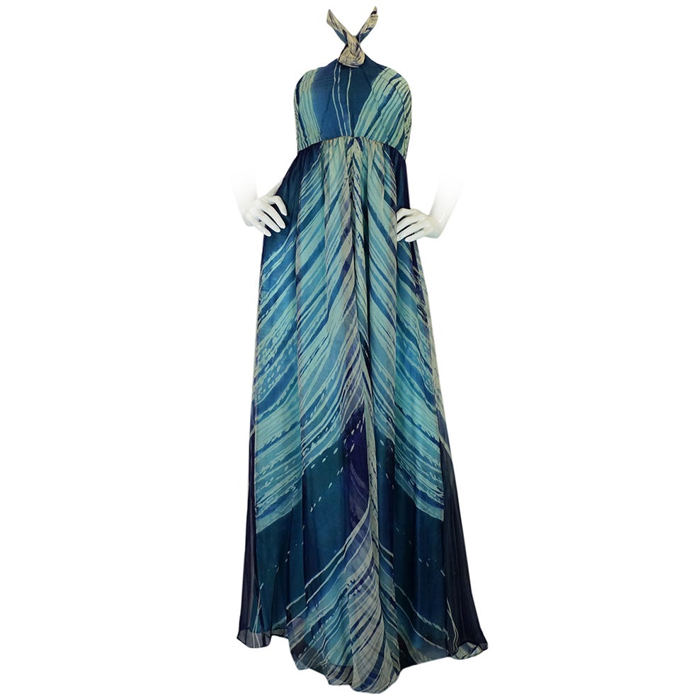 1974 Hand painted Thea Porter Couture Halter Gown For Sale