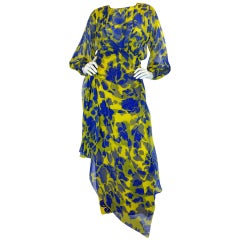 1970s James Galanos Couture Blue & Yellow Print Silk Dress 10