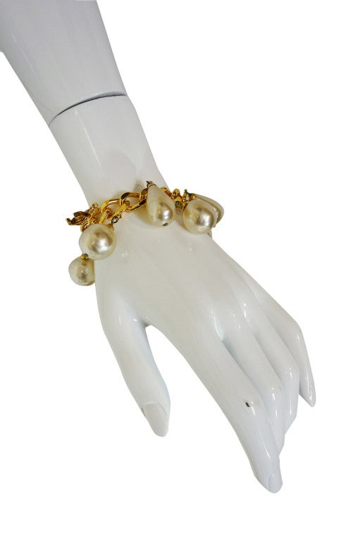Women's 1986 Chanel Gold and Pearl Bracelet Cuff For Sale
