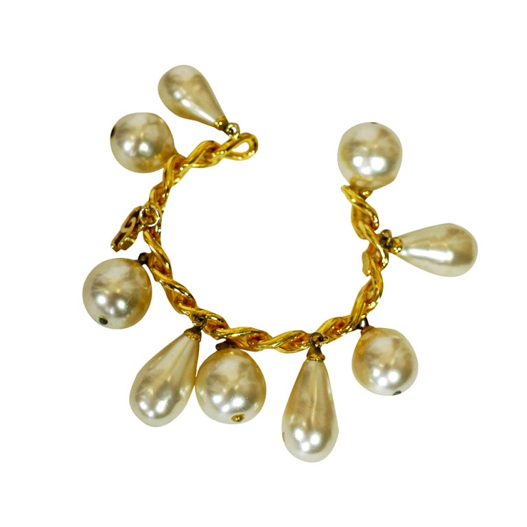 1986 Chanel Gold and Pearl Bracelet Cuff For Sale