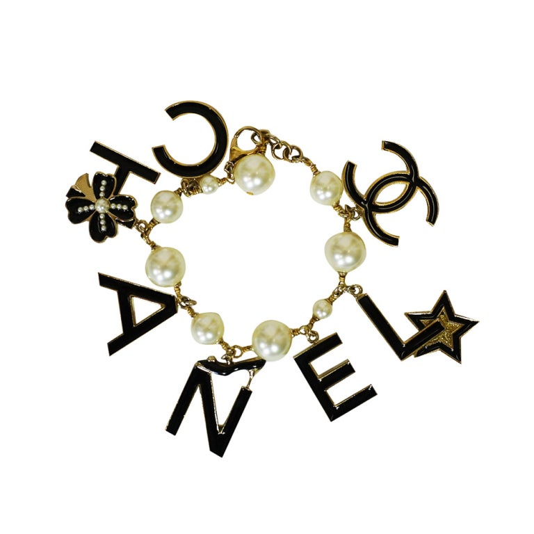 Chanel Pearl and Logo Charm Bracelet For Sale