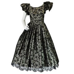 50s Puff Sleeve Lace Trim Belted Dress