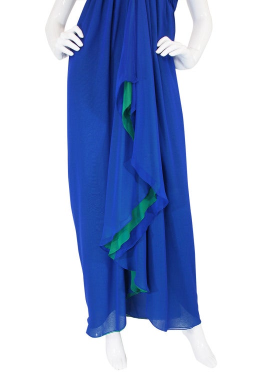 1970s Blue & Green Adele Simpson Gown For Sale 4